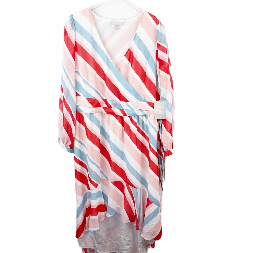 NWT Chelsea28 Wrap MIDI Dress Ruffle Striped Red Pink Faux Large - Picture 2 of 10